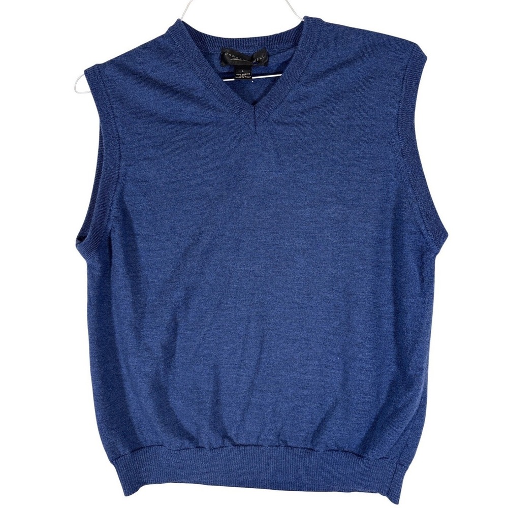 Harold Powell Mens Blue 100% Merino Wool V-Neck Sweater Vest Made in Italy L